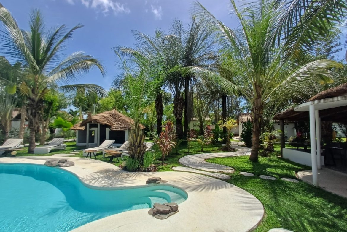 Une résidence de vacances de charme avec sa piscine lagon dans un jardin tropical luxuriant.