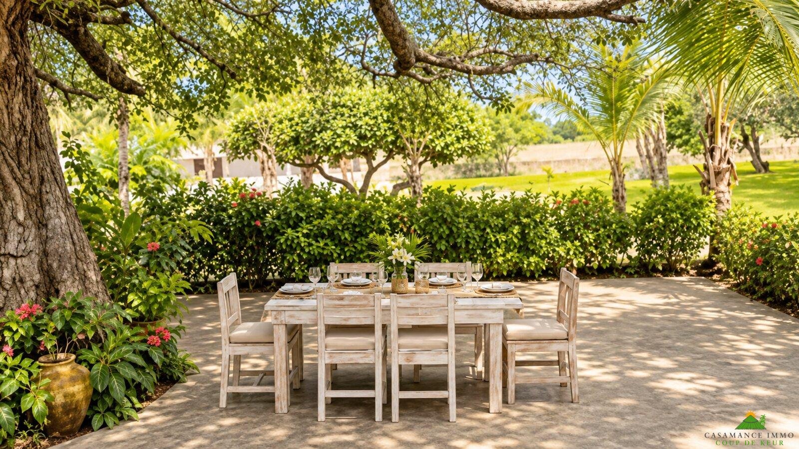photo-terrasse-jardin-wordpress Entre rizières et Océan, dans l’intimité d’un lieu magique près des immenses fromagers , à seulement cinq minutes du village et de la plage, cette propriété façonnée par des artisans locaux offre une atmosphère authentique, bercée par l’âme et les traditions africaines.